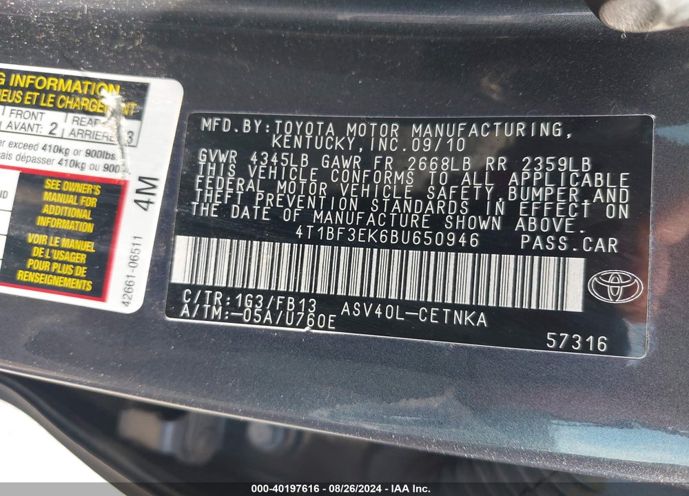 2011 TOYOTA CAMRY LE VIN: 4T1BF3EK6BU650946