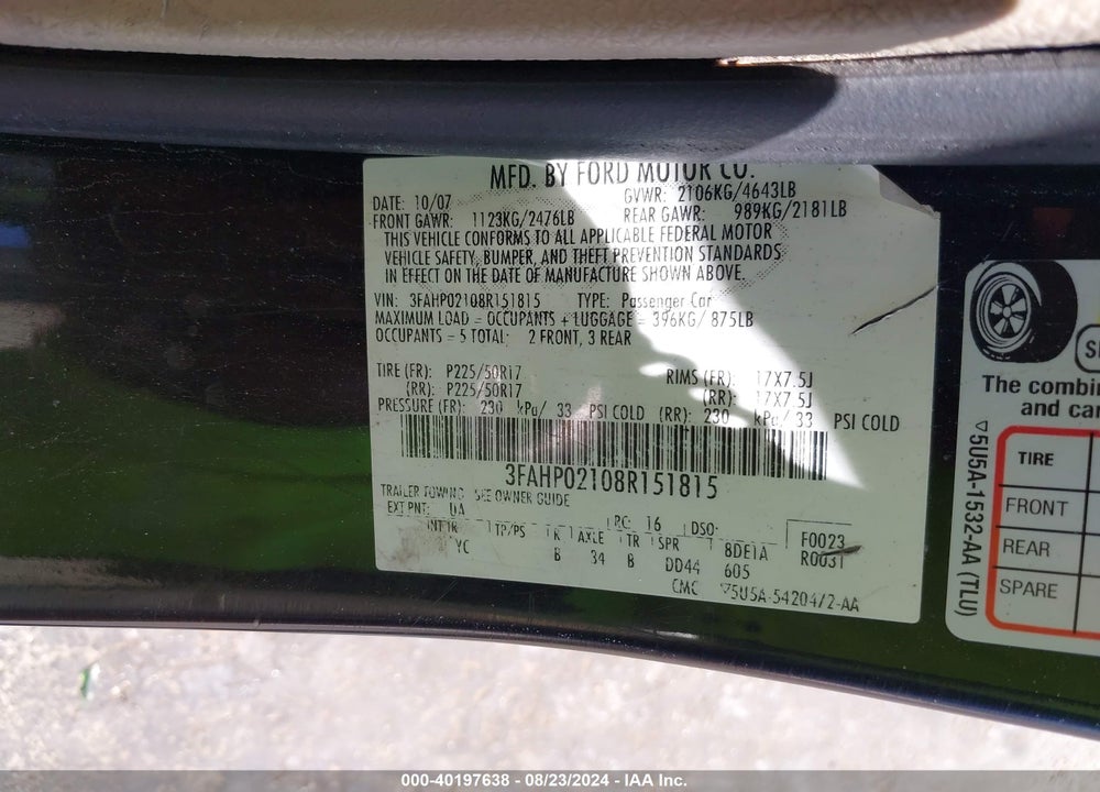 2008 FORD FUSION SEL VIN: 3FAHP02108R151815