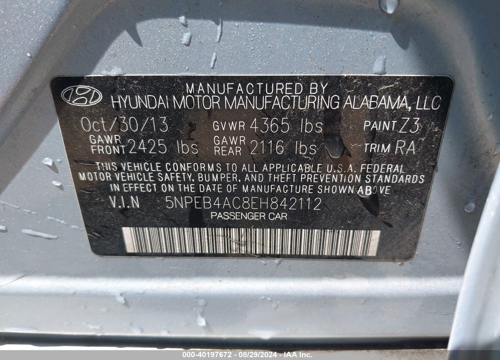 2014 HYUNDAI SONATA GLS VIN: 5NPEB4AC8EH842112