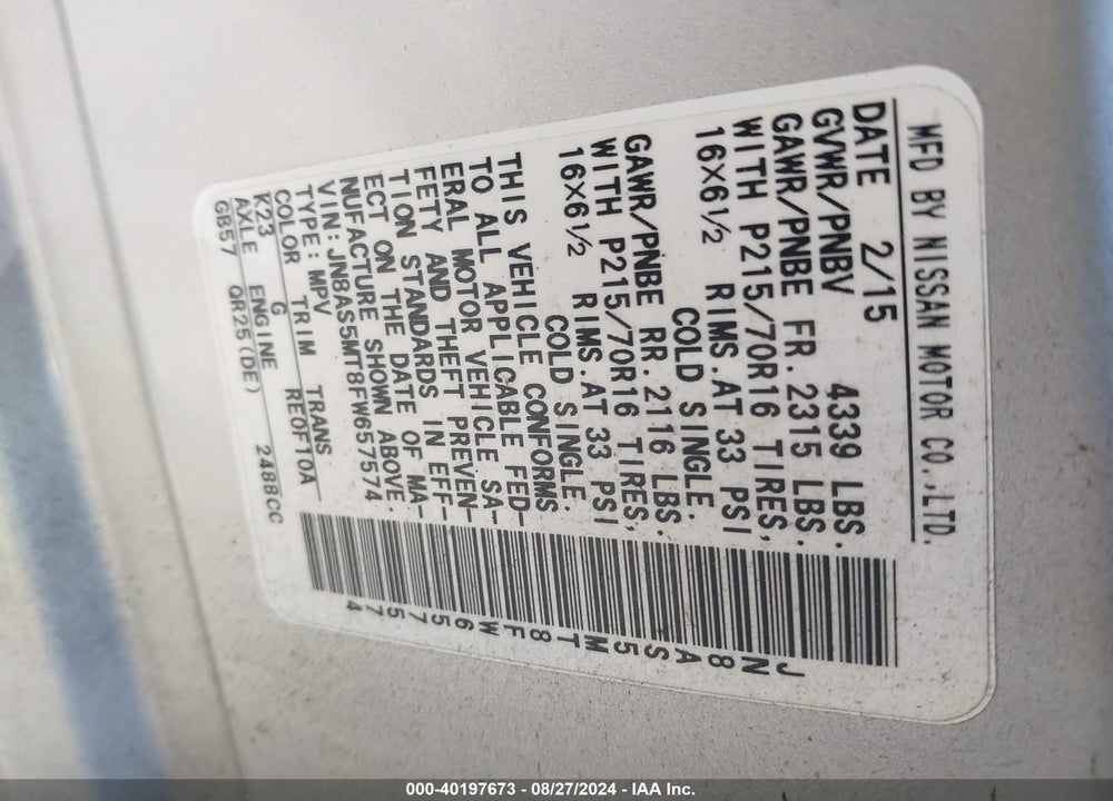 2015 NISSAN ROGUE SELECT S VIN: JN8AS5MT8FW657574