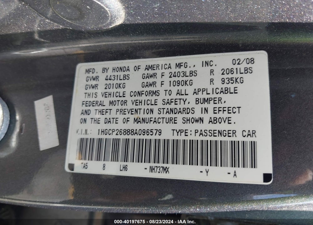 2008 HONDA ACCORD 2.4 EX-L VIN: 1HGCP26888A096579