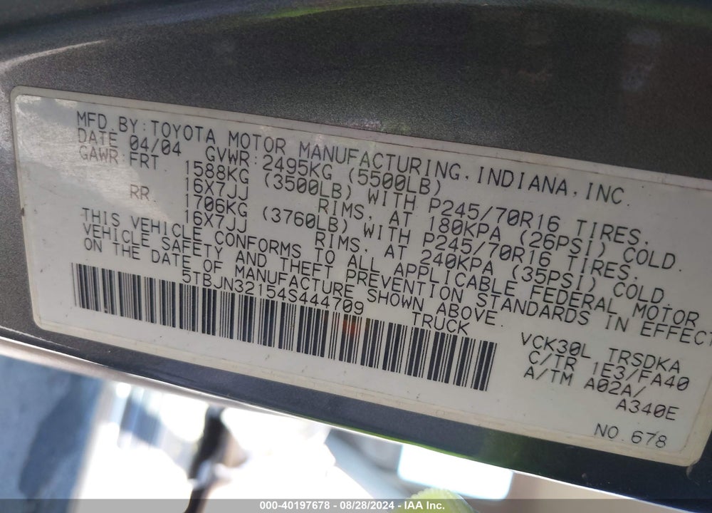 2004 TOYOTA TUNDRA VIN: 5TBJN32154S444709