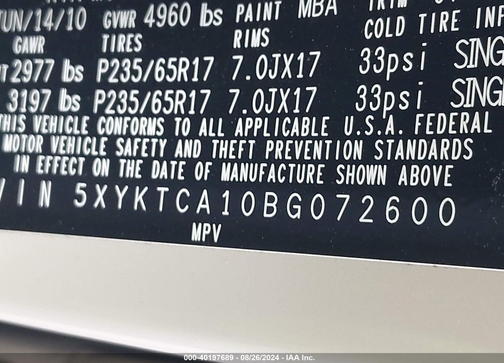 2011 KIA SORENTO LX VIN: 5XYKTCA10BG072600