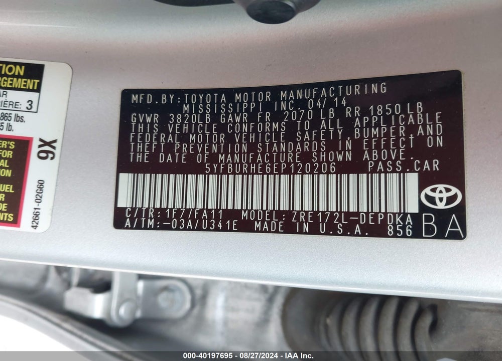 2014 TOYOTA COROLLA L VIN: 5YFBURHE6EP120206