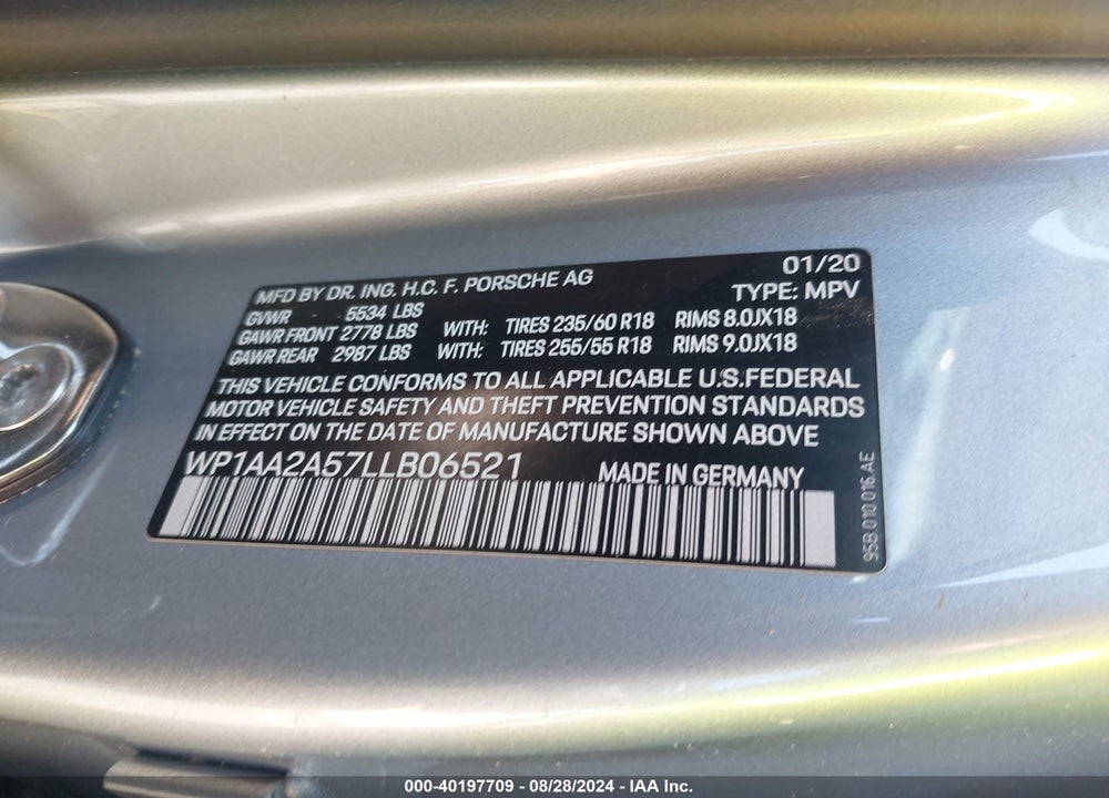 2020 PORSCHE MACAN VIN: WP1AA2A57LLB06521