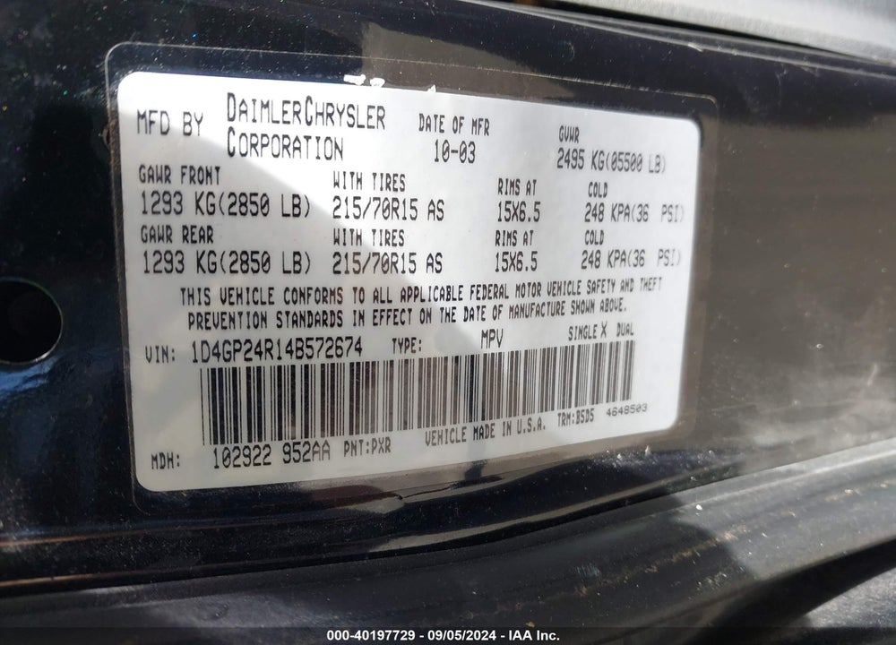 2004 DODGE GRAND CARAVAN SE VIN: 1D4GP24R14B572674