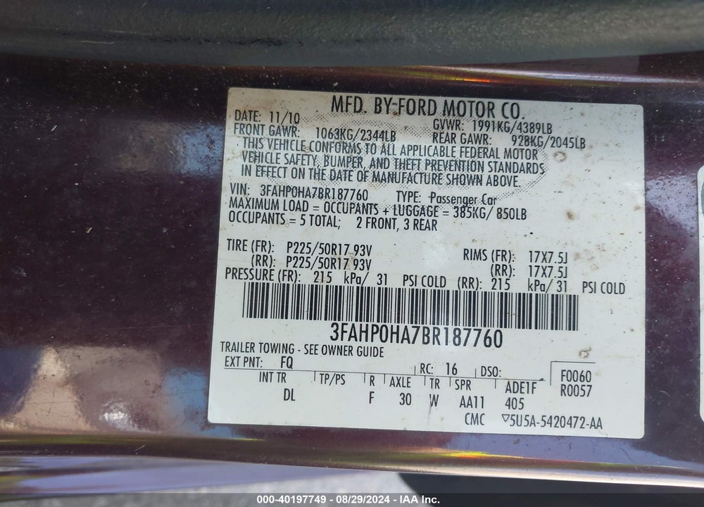 2011 FORD FUSION SE VIN: 3FAHP0HA7BR187760