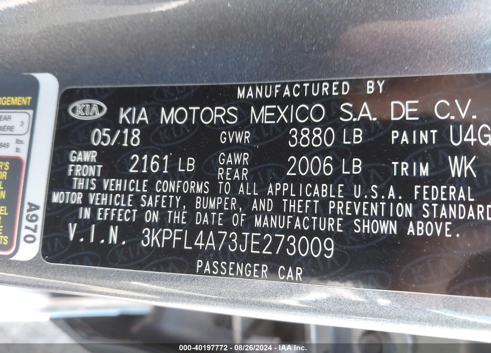 2018 KIA FORTE S VIN: 3KPFL4A73JE273009