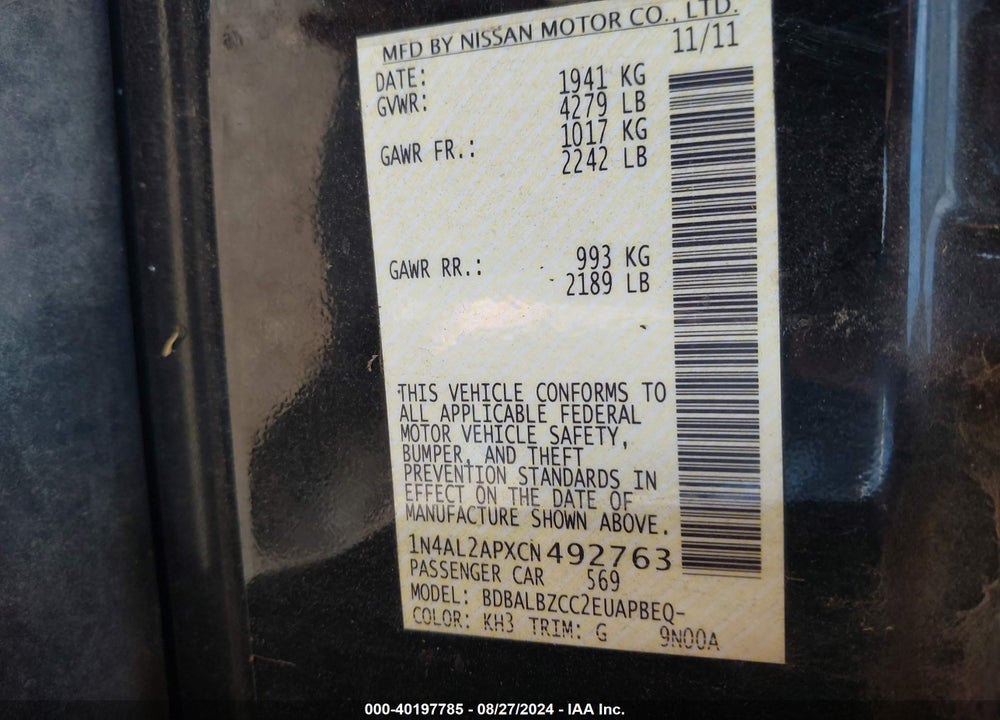 2012 NISSAN ALTIMA 2.5 S VIN: 1N4AL2APXCN492763
