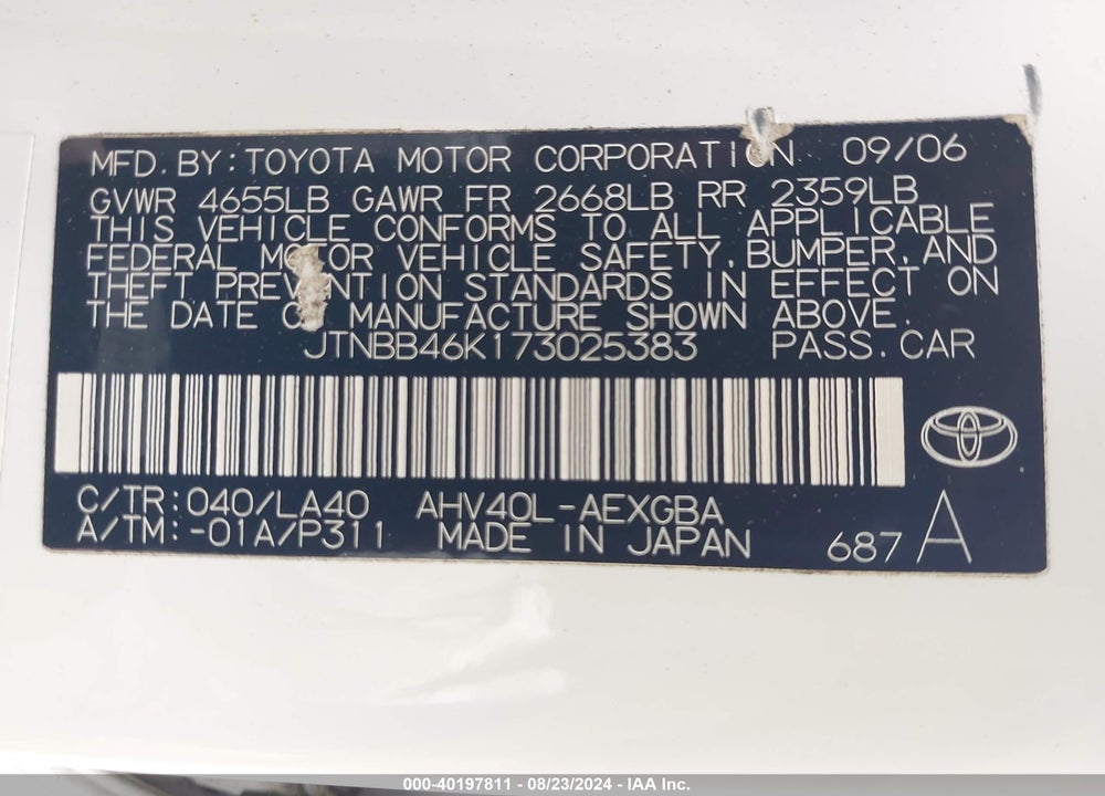 2007 TOYOTA CAMRY HYBRID VIN: JTNBB46K173025383