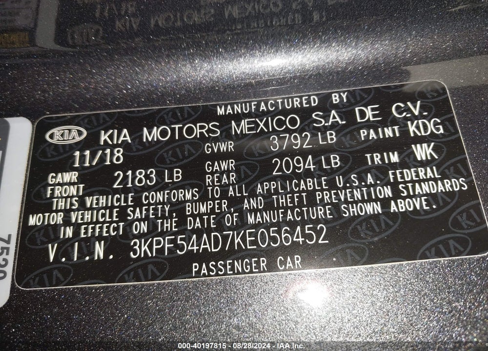 2019 KIA FORTE EX VIN: 3KPF54AD7KE056452