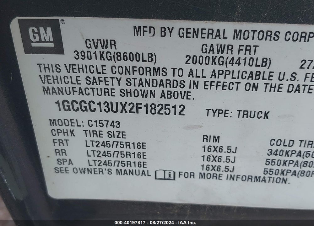 2002 CHEVROLET SILVERADO 1500HD LS VIN: 1GCGC13UX2F182512