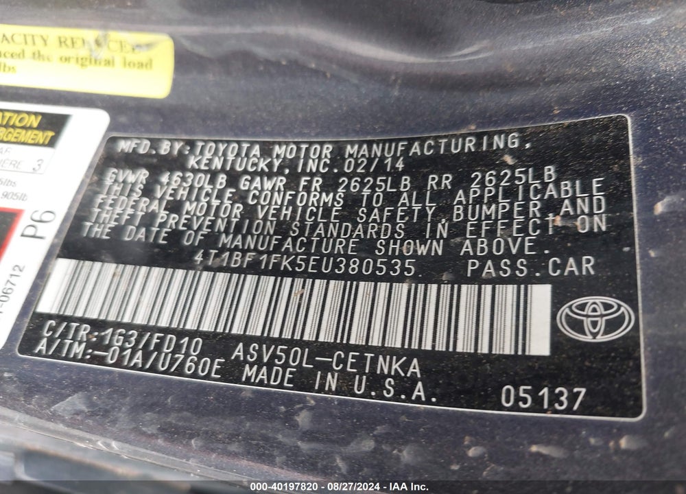 2014 TOYOTA CAMRY LE VIN: 4T1BF1FK5EU380535