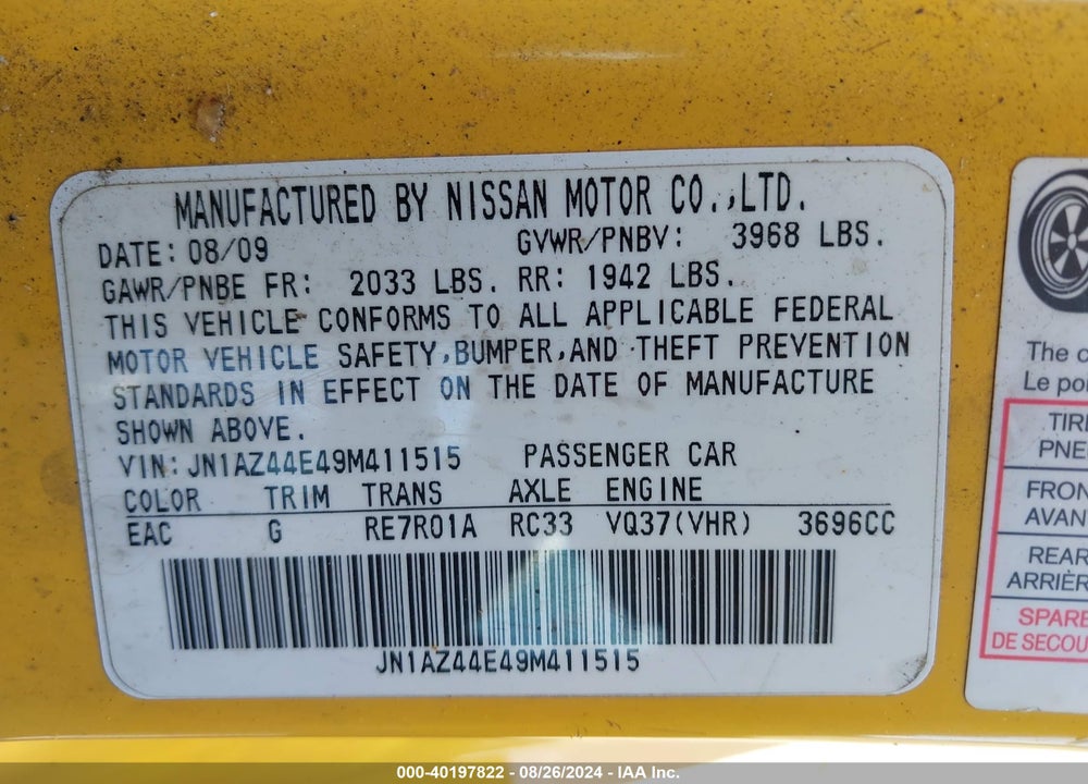 2009 NISSAN 370Z VIN: JN1AZ44E49M411515