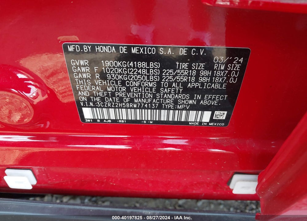 2024 HONDA HR-V AWD SPORT/AWD SPORT W/O BSI VIN: 3CZRZ2H58RM774137