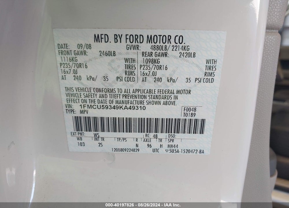 2009 FORD ESCAPE HYBRID LIMITED VIN: 1FMCU59349KA49310