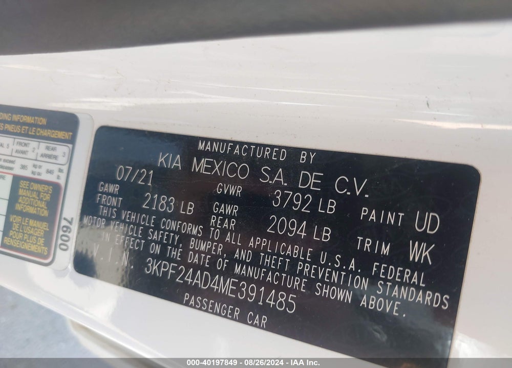 2021 KIA FORTE FE VIN: 3KPF24AD4ME391485