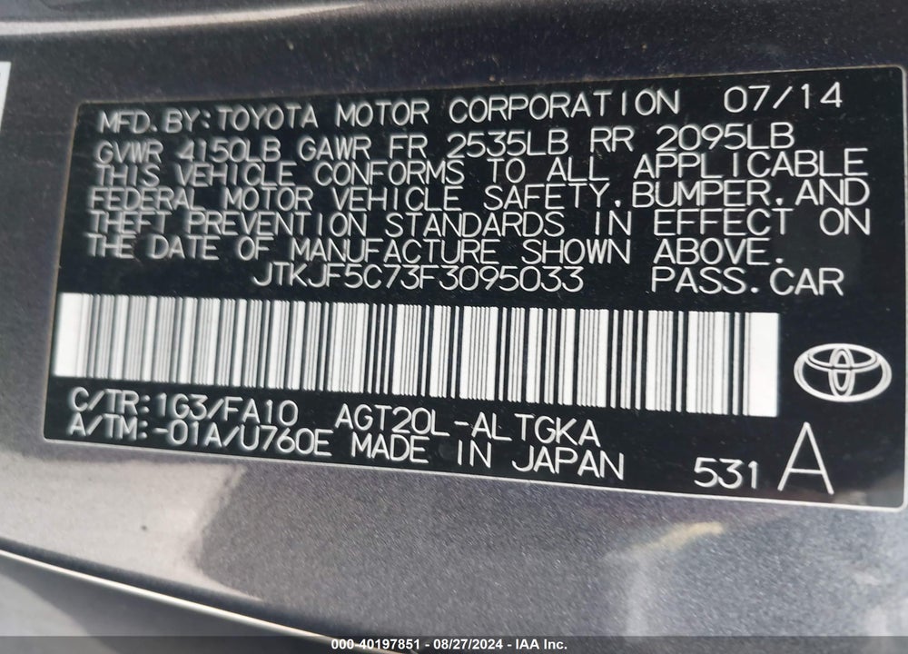 2015 SCION TC VIN: JTKJF5C73F3095033