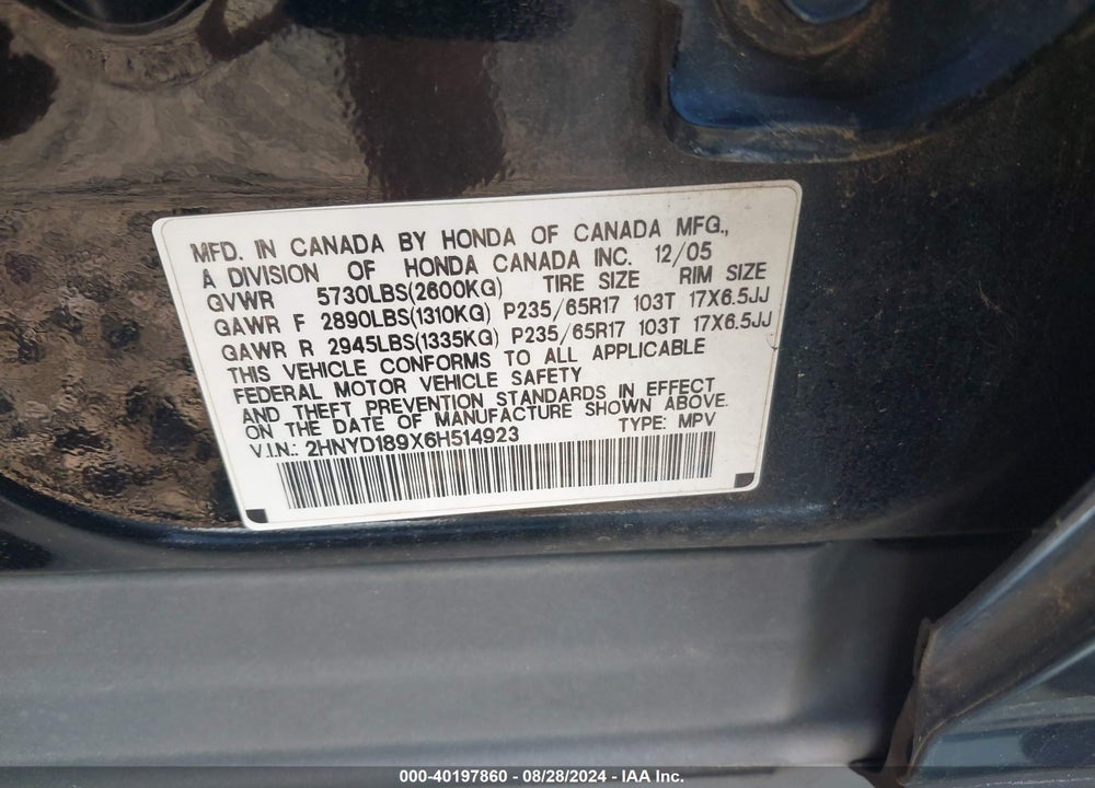 2006 ACURA MDX VIN: 2HNYD189X6H514923