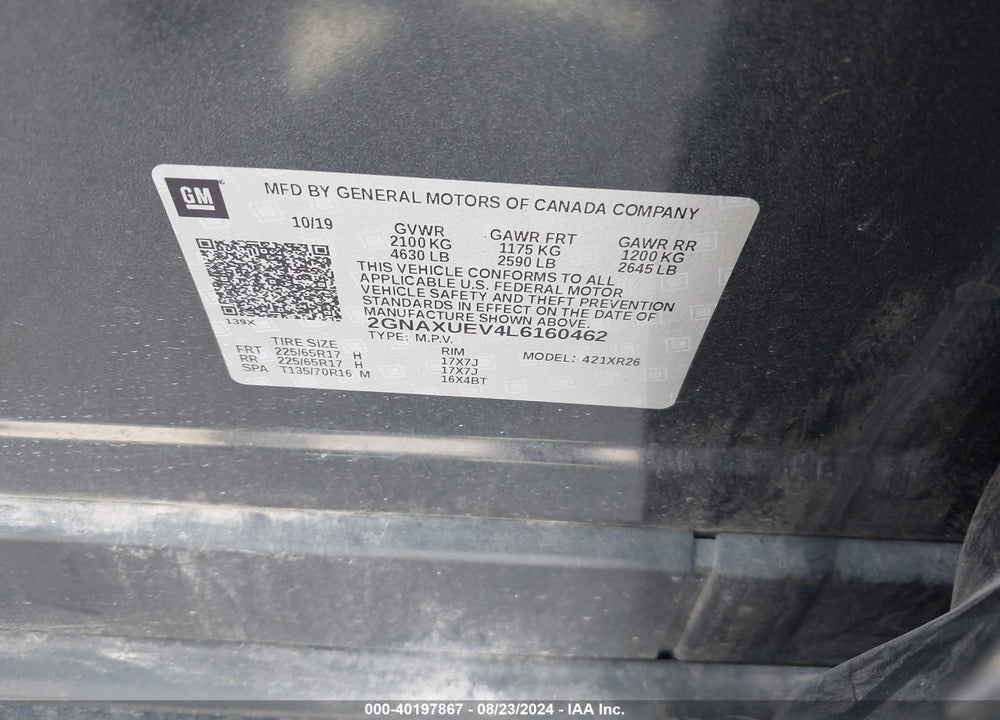 2020 CHEVROLET EQUINOX AWD LT 1.5L TURBO VIN: 2GNAXUEV4L6160462