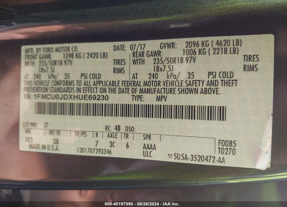2017 FORD ESCAPE TITANIUM VIN: 1FMCU0JDXHUE69230