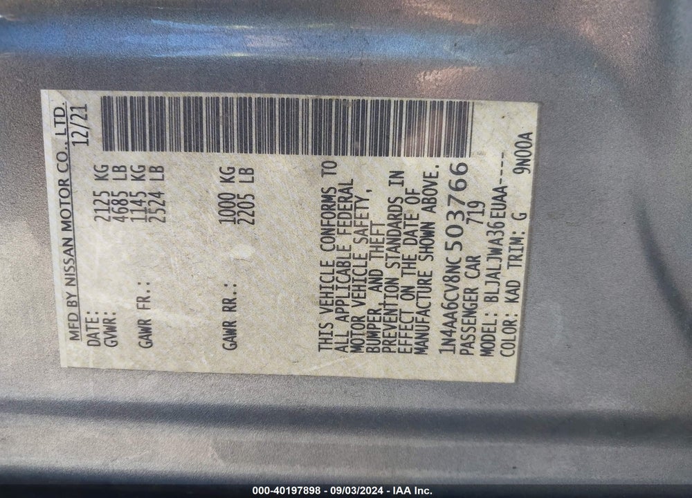 2022 NISSAN MAXIMA SV XTRONIC CVT VIN: 1N4AA6CV8NC503766