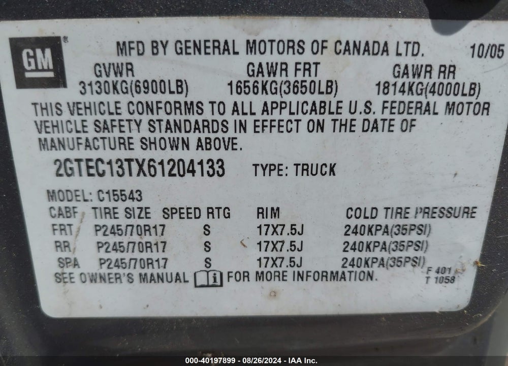 2006 GMC SIERRA 1500 SLT VIN: 2GTEC13TX61204133
