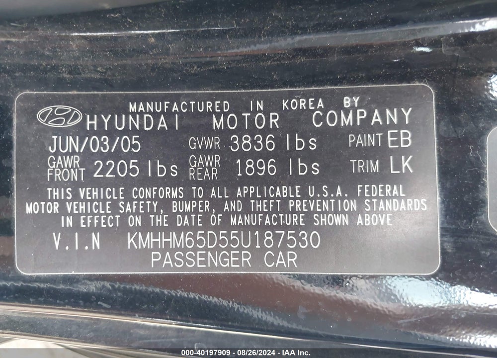 2005 HYUNDAI TIBURON GS VIN: KMHHM65D55U187530