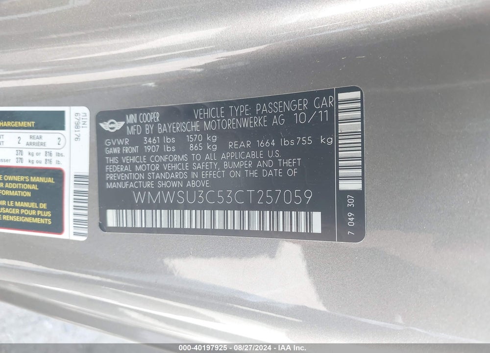 2012 MINI COOPER VIN: WMWSU3C53CT257059