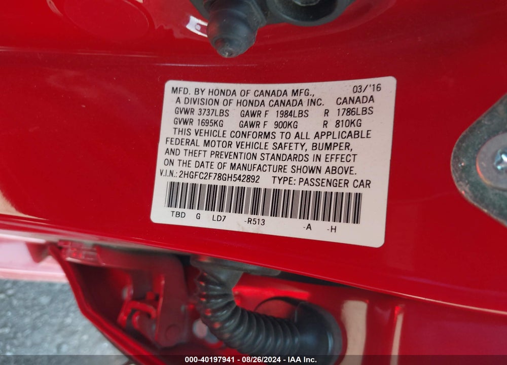 2016 HONDA CIVIC EX VIN: 2HGFC2F78GH542892