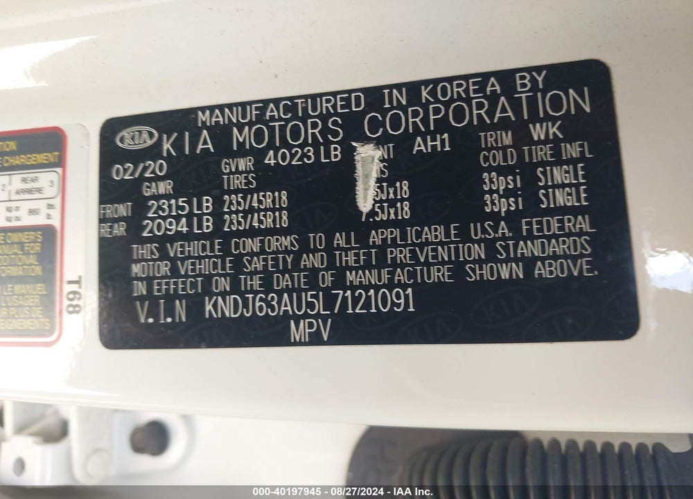 2020 KIA SOUL GT LINE VIN: KNDJ63AU5L7121091