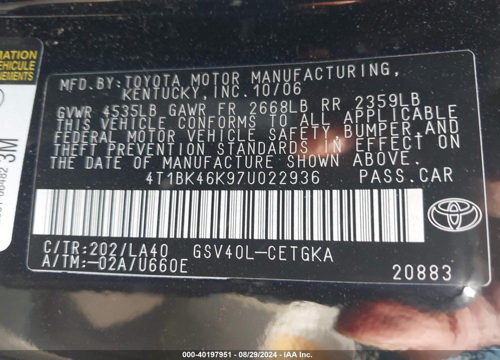 2007 TOYOTA CAMRY XLE V6 VIN: 4T1BK46K97U022936