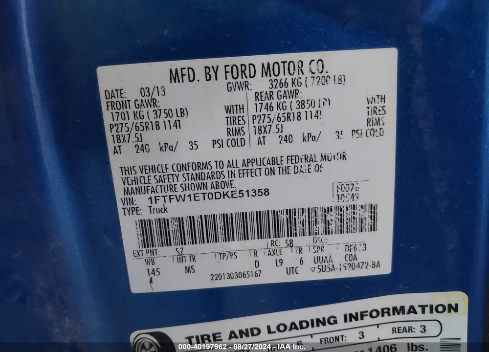 2013 FORD F-150 XLT VIN: 1FTFW1ET0DKE51358
