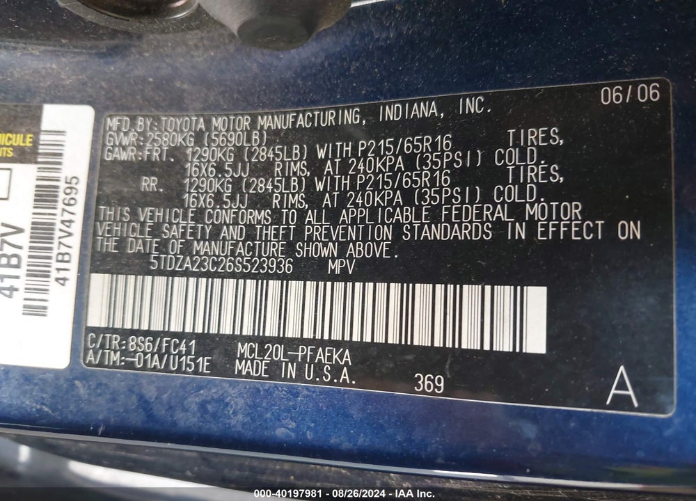 2006 TOYOTA SIENNA LE VIN: 5TDZA23C26S523936