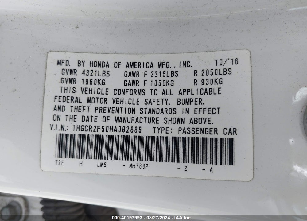 2017 HONDA ACCORD SPORT VIN: 1HGCR2F50HA082885