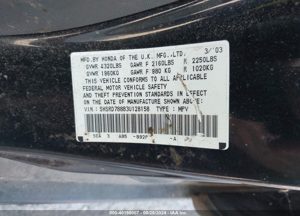 2003 HONDA CR-V VIN: SHSRD78883U128158