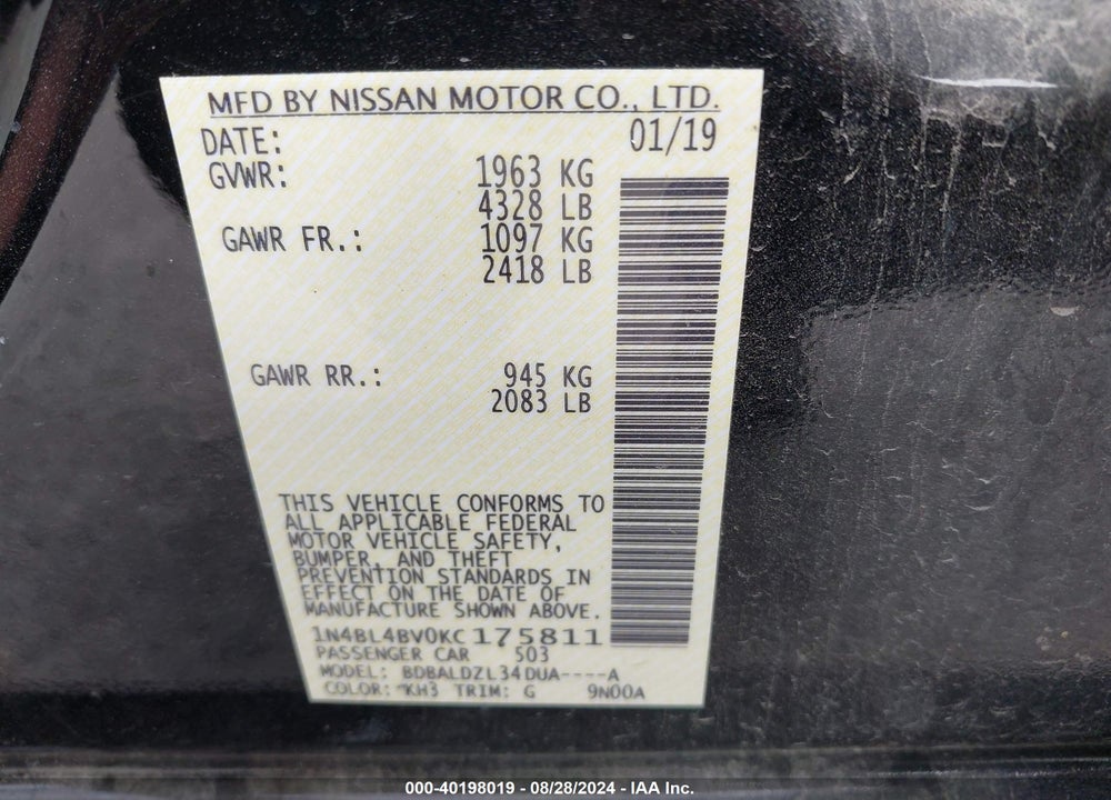 2019 NISSAN ALTIMA 2.5 S VIN: 1N4BL4BV0KC175811