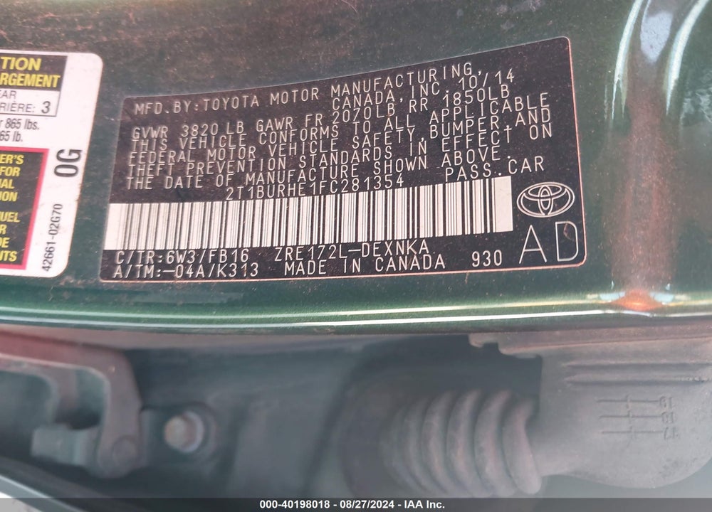 2015 TOYOTA COROLLA LE VIN: 2T1BURHE1FC281354