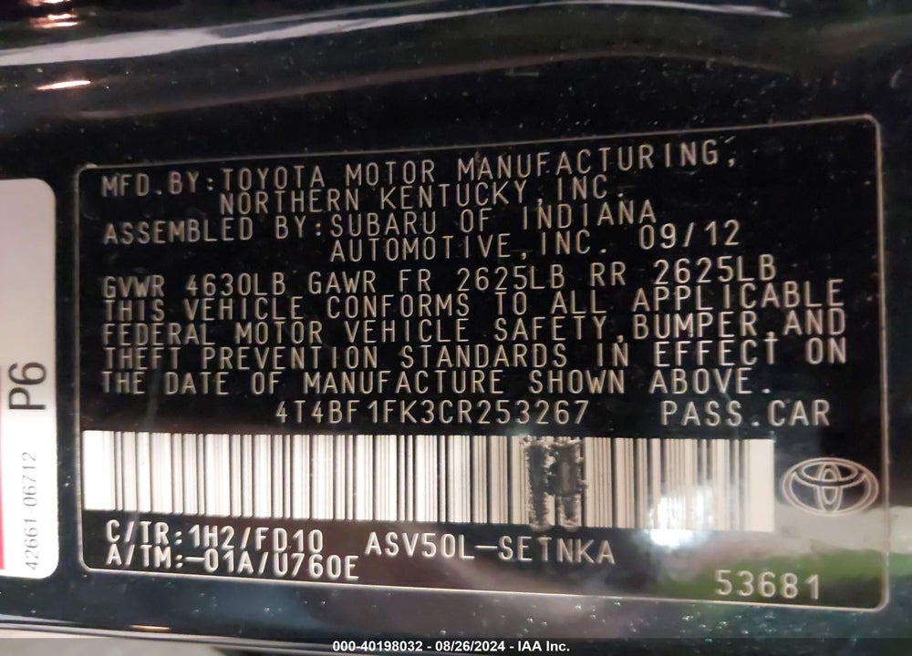 2012 TOYOTA CAMRY LE VIN: 4T4BF1FK3CR253267