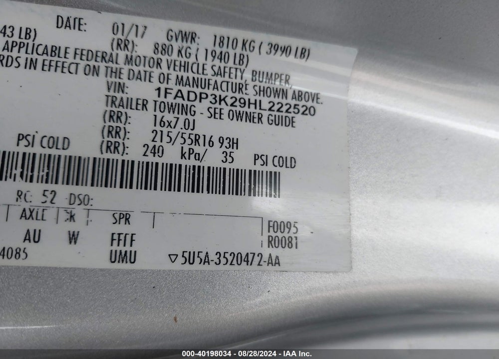 2017 FORD FOCUS SE VIN: 1FADP3K29HL222520