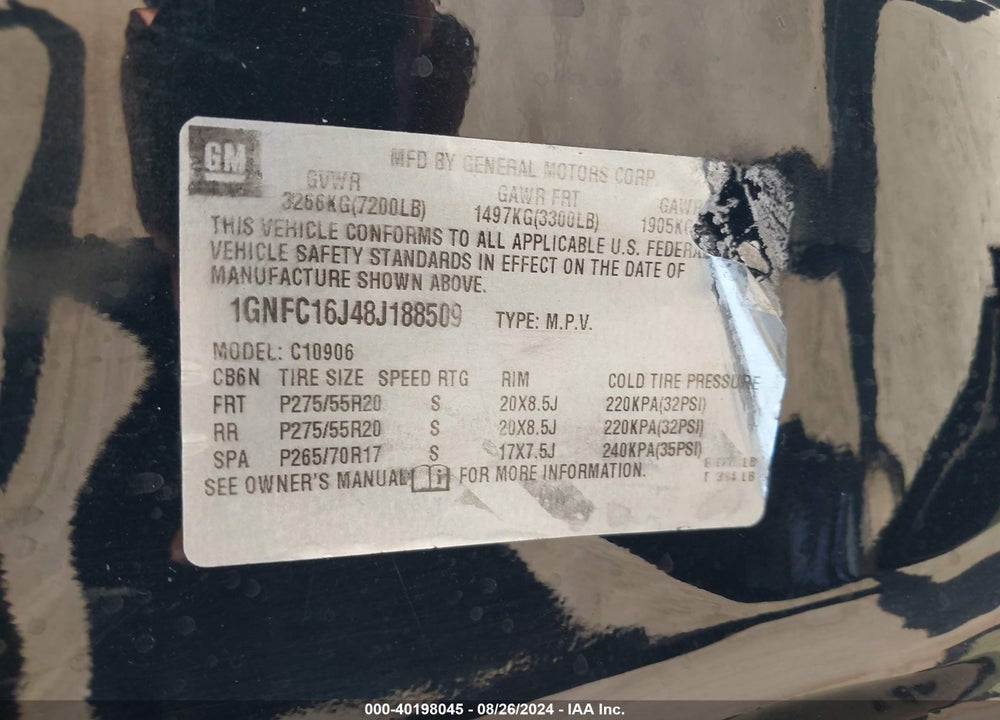 2008 CHEVROLET SUBURBAN 1500 LT VIN: 1GNFC16J48J188509