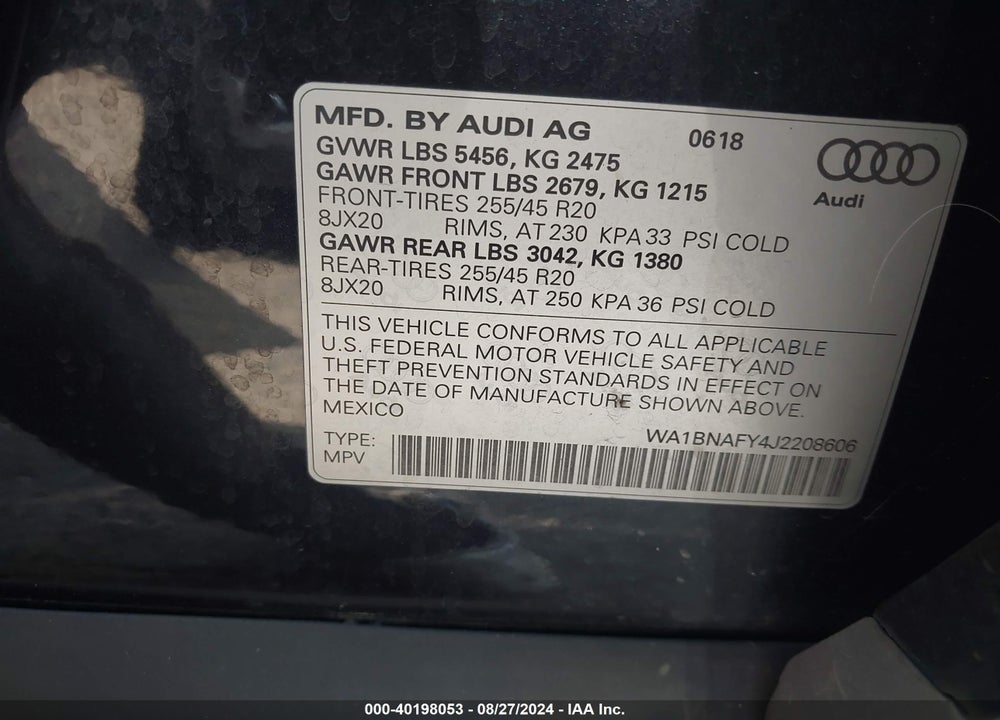 2018 AUDI Q5 2.0T PREMIUM/2.0T TECH PREMIUM VIN: WA1BNAFY4J2208606