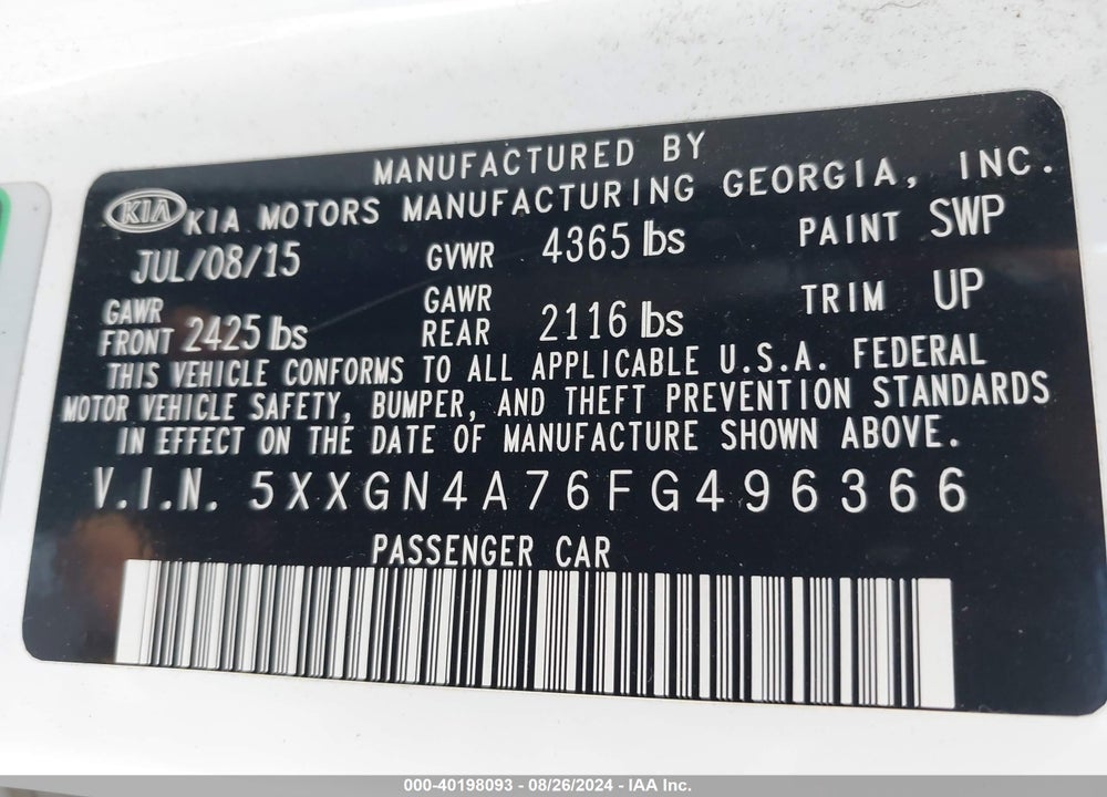 2015 KIA OPTIMA EX VIN: 5XXGN4A76FG496366