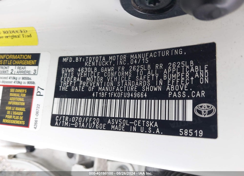 2015 TOYOTA CAMRY SE VIN: 4T1BF1FK0FU949664