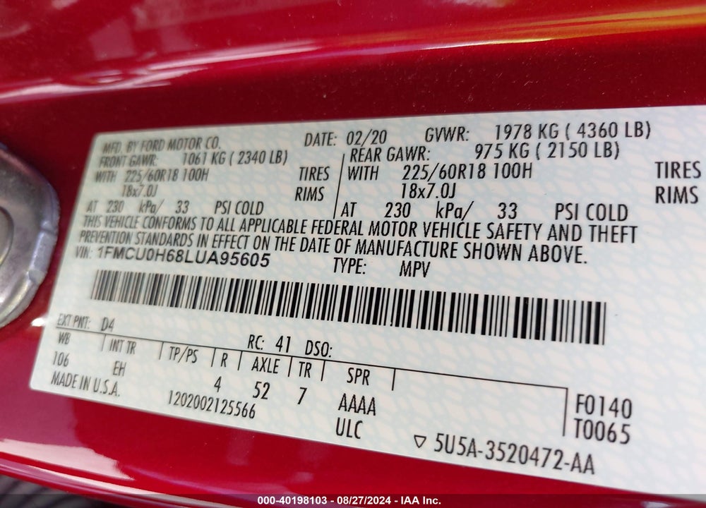 2020 FORD ESCAPE SEL VIN: 1FMCU0H68LUA95605