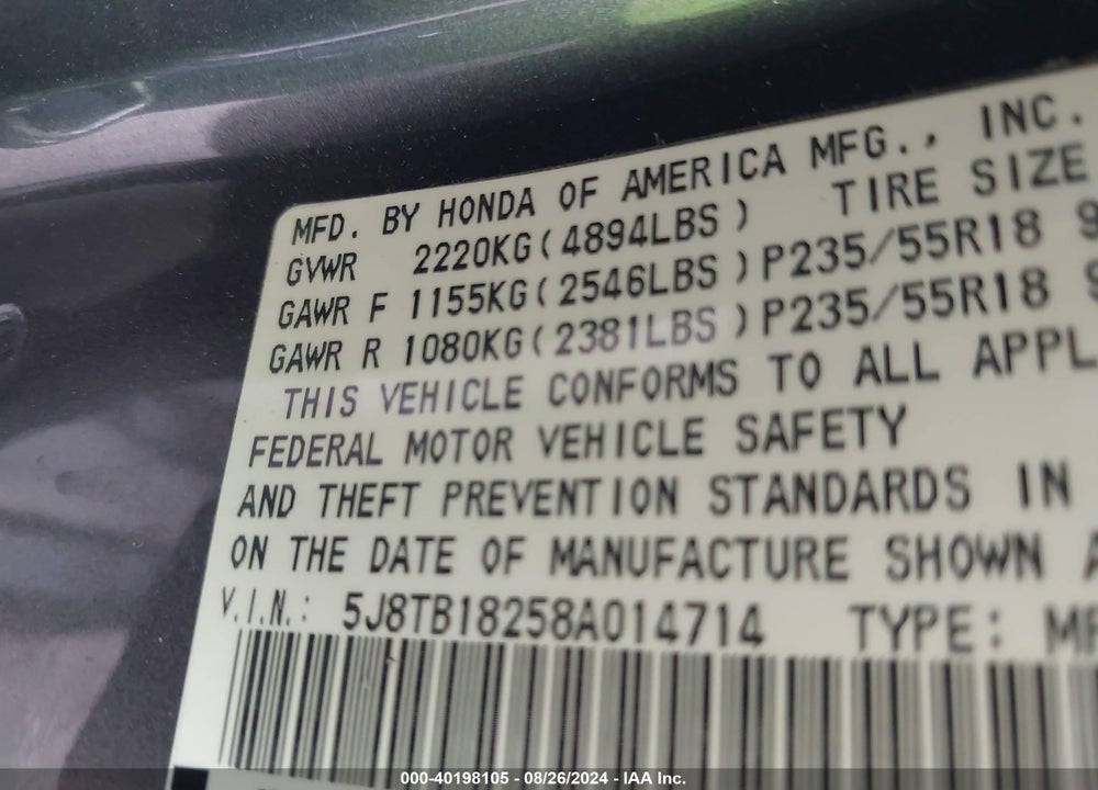 2008 ACURA RDX VIN: 5J8TB18258A014714