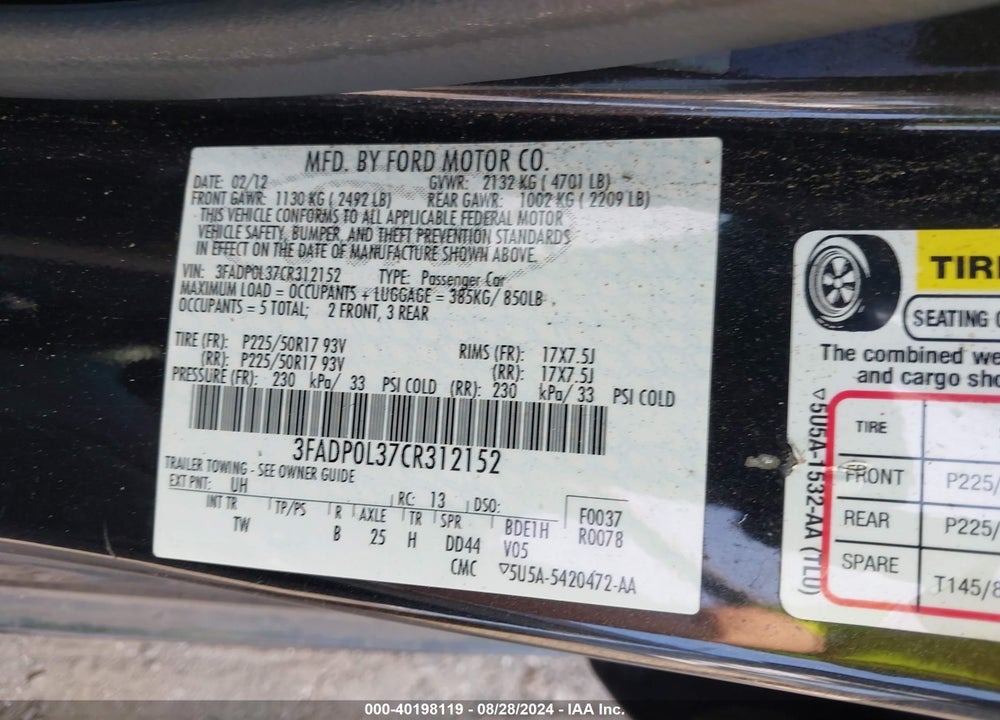 2012 FORD FUSION HYBRID VIN: 3FADP0L37CR312152