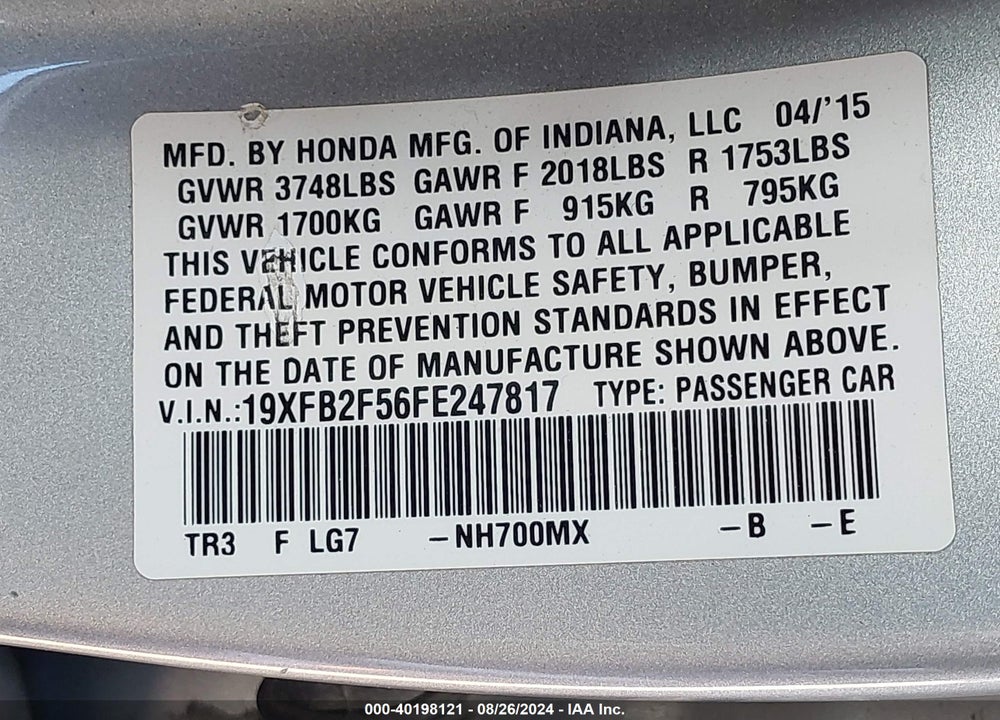2015 HONDA CIVIC LX VIN: 19XFB2F56FE247817