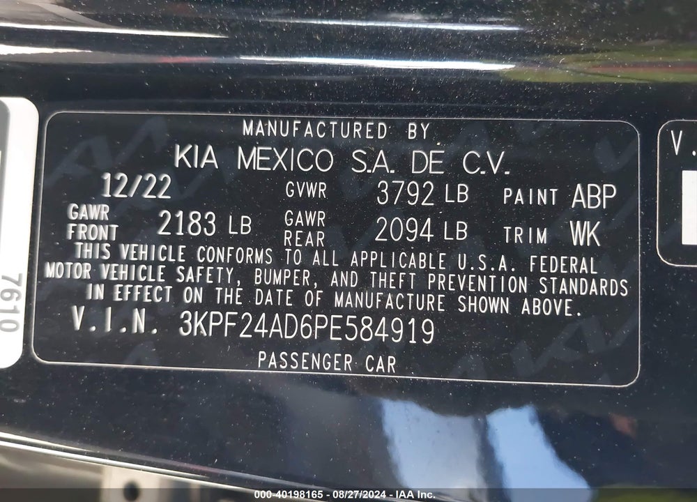 2023 KIA FORTE LXS VIN: 3KPF24AD6PE584919