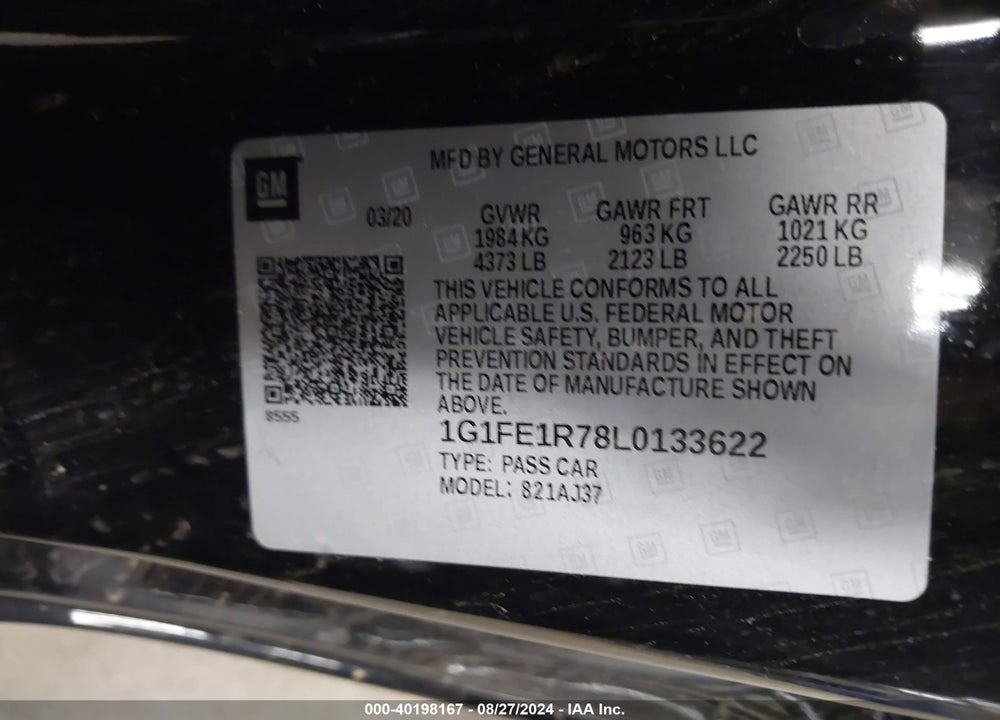 2020 CHEVROLET CAMARO RWD LT1 VIN: 1G1FE1R78L0133622